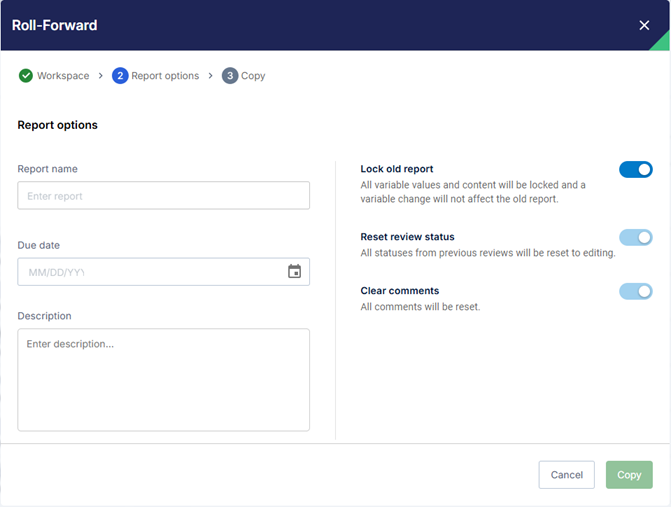 Specify Report Options for the Rollforward Action