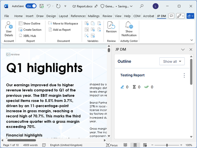 The Default Report Outline Containing a Root Section