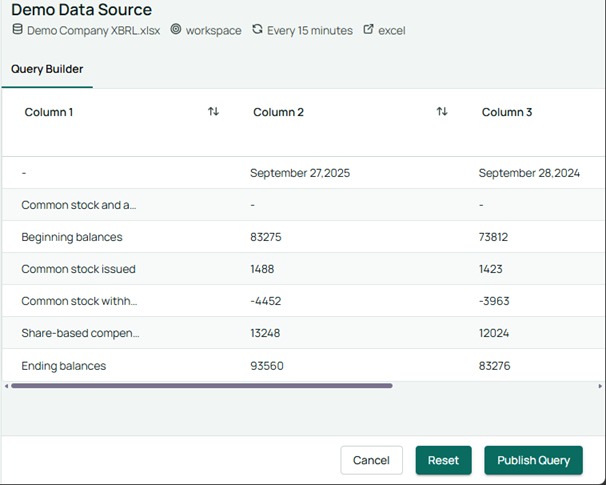 The Query Builder showing data fetched for the data query