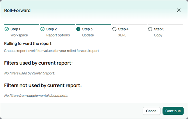 Select the filter values to apply in the rolled forward report