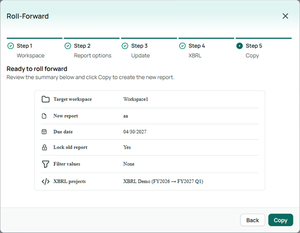 Review summary of the rollforward settings