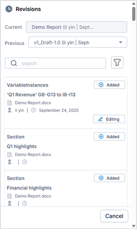Settings in the Revisions panel
