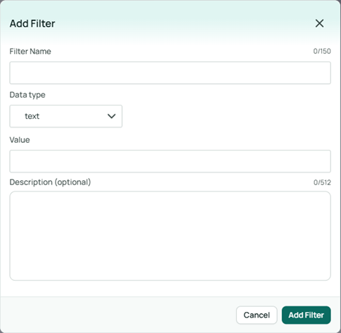 Options in the Add Filter dialog