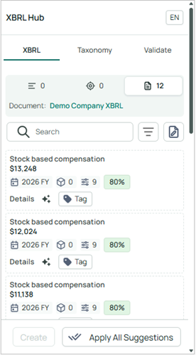 The XBRL Hub panel showing AI-generated tag suggestions