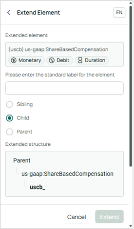 Settings for adding an extended element