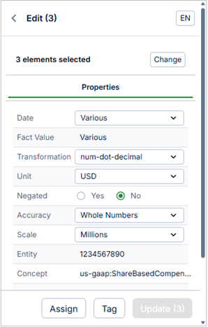 The Edit panel showing common properties for the selected elements