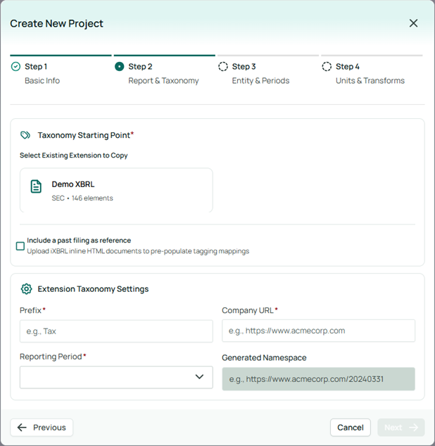 Settings in the Report & Taxonomy step for creating an XBRL project