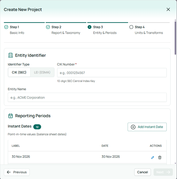 Settings in the Entity & Periods step for creating an XBRL project