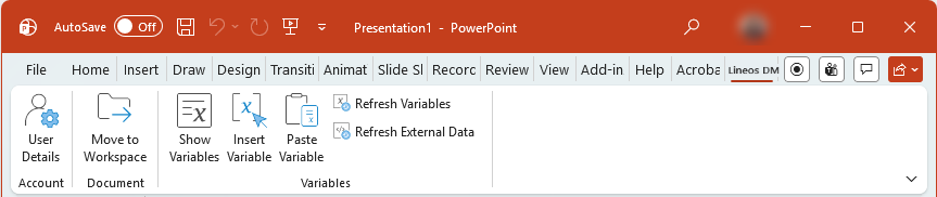The Lineos DM Ribbon tab in PowerPoint