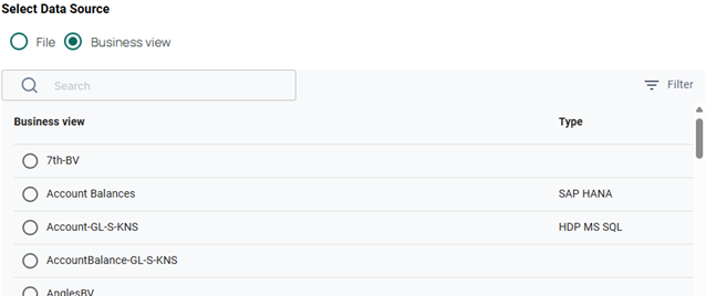 Options for selecting business view for a data query