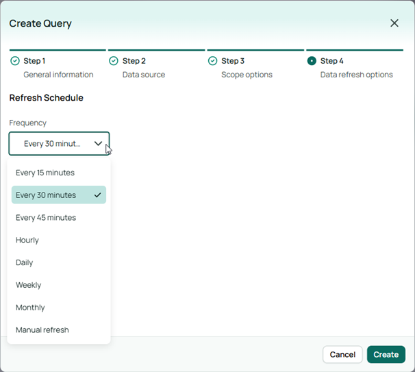 Options for specifying data refresh option for data query