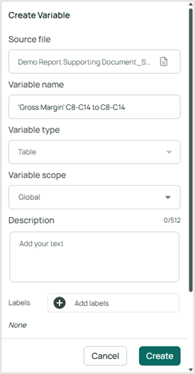 Options in the Create Variable panel