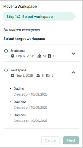 Options for selecting the workspace to move a document