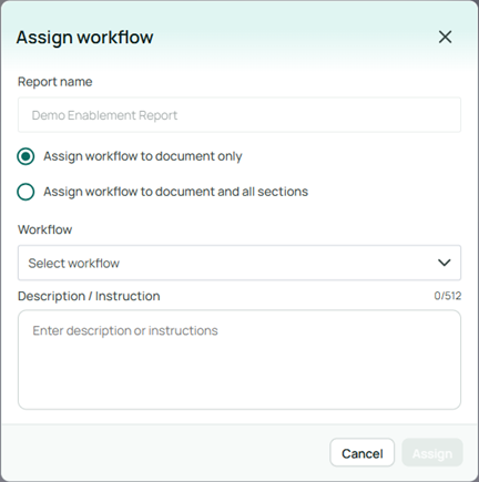 Options in the Assign Workflow dialog