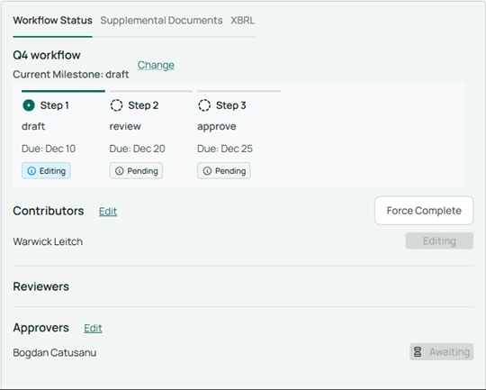 Workflow status of selected report node