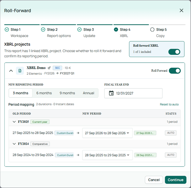 Select to roll forward linked XBRL project in the rolled forward report