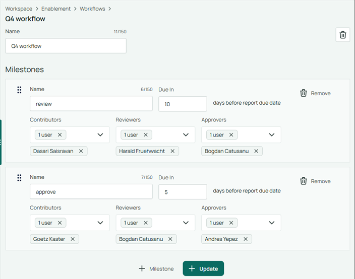 Options for editing the milestones of a workflow