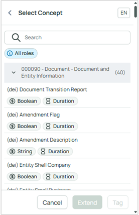 The Select Concept panel for choosing element to tag selected report content
