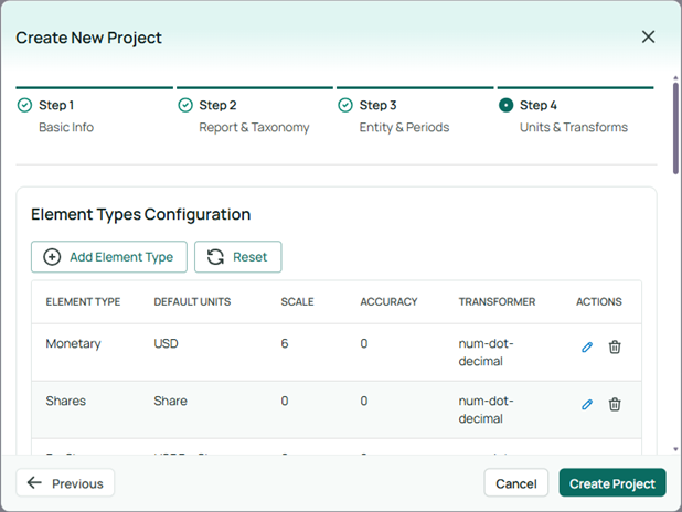 Settings in the Units & Transforms step for creating an XBRL project