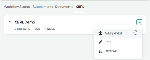 Select the Add Exhibit option in the XBRL project ellipsis menu