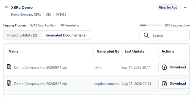 Download generated documents for an XBRL report