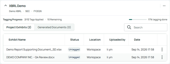 Added exhibits are listed in the Project Exhibits tab
